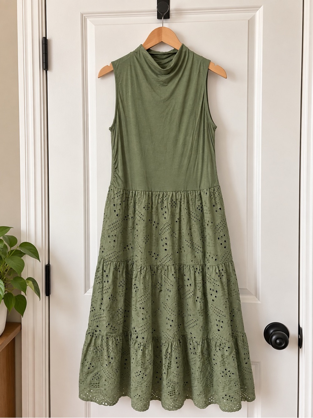 Sleeveless Olive Eyelet Tiered Maxi Dress - Women's